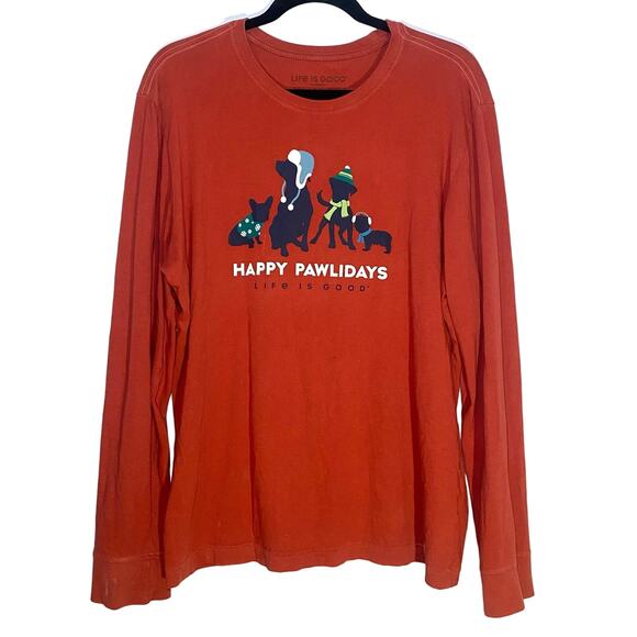 Life Is Good Men's size Medium Red Happy Pawlidays Dog Long Sleeve T-Shirt - Picture 2 of 8
